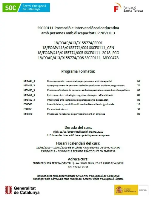 Actualment esteu veient Certificat de Professionalitat nivell 3 – Promoció e intervenció socioeducativa amb persones amb discapacitat